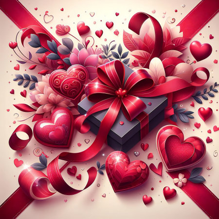 Background for valentines day with hearts, ribbons and giftsの素材