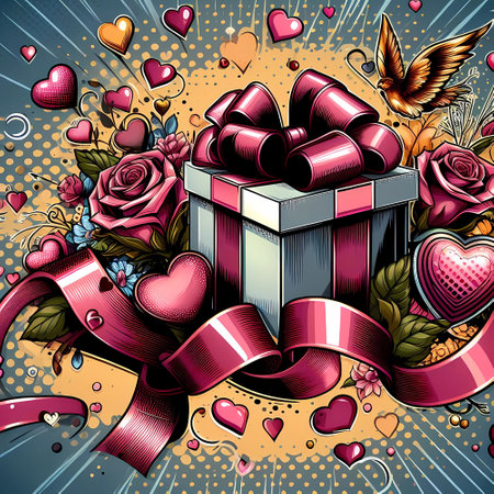 Background for valentines day with hearts, ribbons and giftsの素材