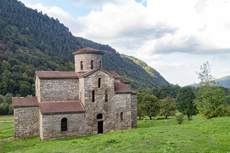 The ancient brick building of one of the first Christian churches in the territory of Russia is located in Arkhyzの写真素材