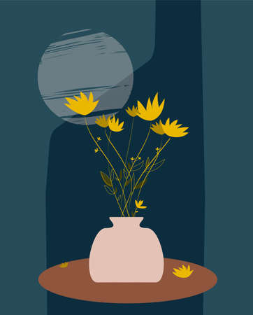 Still life flowers under the moon. Graphic illustration art for wall decoration. Aesthetic abstract modern style.のイラスト素材