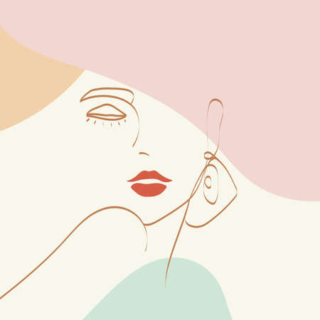 Portrait of a model in a hat drawn in a minimalist style with abstract memphis art. Classic vogue fashion style. Elegant graphic. Beautiful woman in hat.のイラスト素材