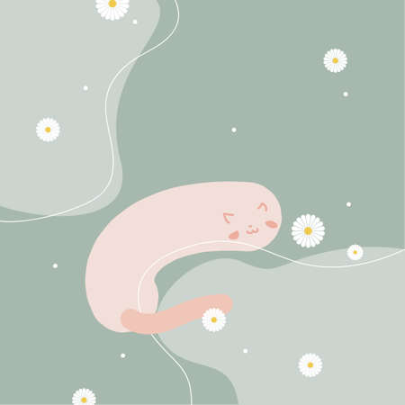 Lazy fat cat sleeping with daisy flower background. Graphic illustration with abstract art. Cat sleeping peacefully.のイラスト素材