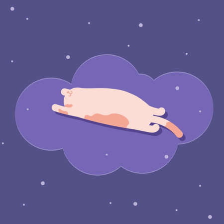 Cat enjoy sleeping on a cloud. Snow background. Graphic illustration with abstract art. Cat sleeping peacefully. Happy cat mood.のイラスト素材