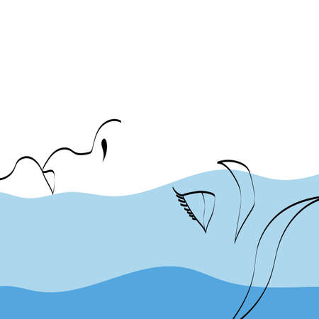 Surreal face relax on the water. Abstract art. Contemporary portrait. Minimalist fine line graphic. Vector illustration.のイラスト素材