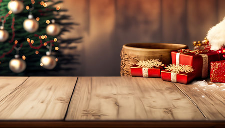 Empty wooden table with Christmas decoration.の素材