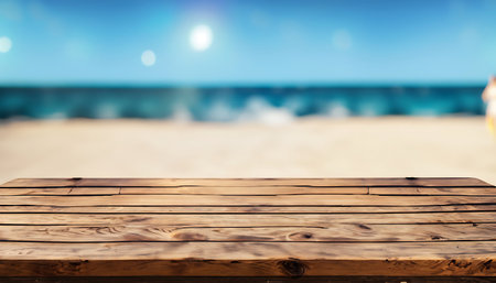 Empty wooden table on beach with defocused sea on the background.の素材