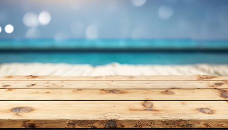 Empty wooden table on beach with defocused sea on the background.の素材