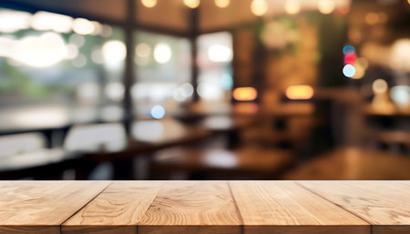 Empty top wooden table with a blurred bokeh background of coffee shop. For product display.の素材
