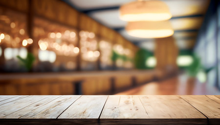 Empty top wooden table with a blurred bokeh background of coffee shop. For product display.の素材
