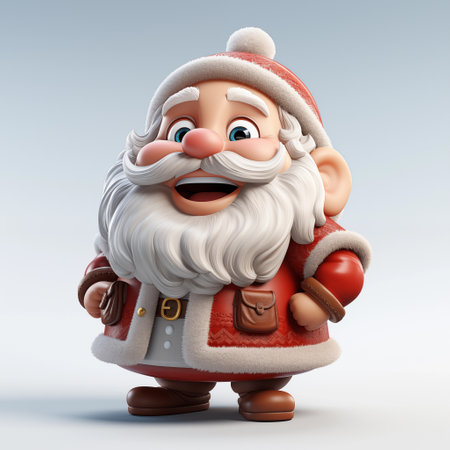3D cartoon of a Santa Claus standing with his arms on his waist looking at the camera smiling.の素材