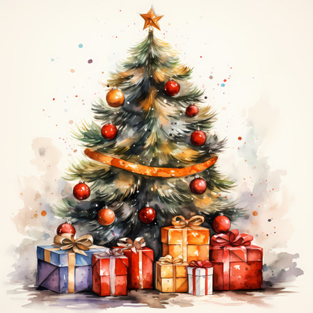 Christmas tree with gifts and Christmas decoration. Watercolor style. White background.の素材