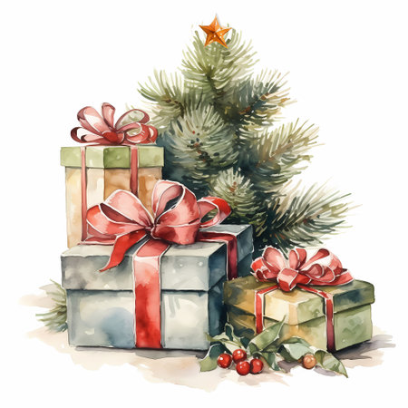 Christmas tree with gifts and Christmas decoration. Watercolor style.の素材