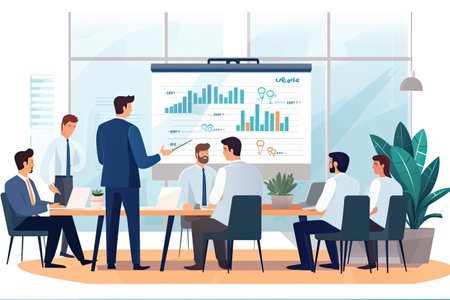 This flat illustration captures a corporate strategy session where professionals gather around a whiteboard adorned with charts and graphs.の素材