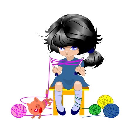 a girl knitting with a catのイラスト素材