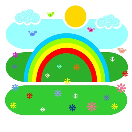summer meadow with rainbow  and birdsのイラスト素材