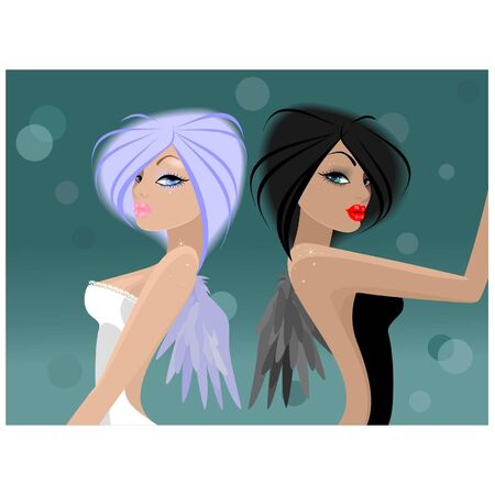 two angels girls. white  and blackのイラスト素材