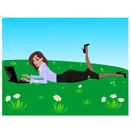 a happy girl with notebook on a meadowのイラスト素材
