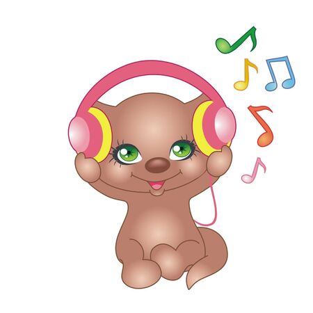 Cartoon happy kitten with headphonesのイラスト素材
