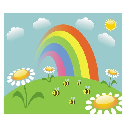 Summer meadow with rainbow  and beesのイラスト素材
