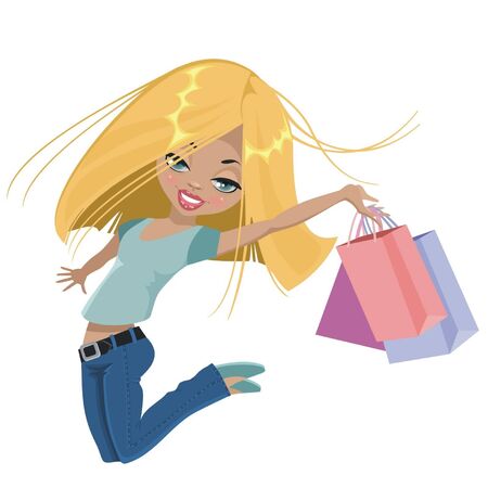 Girl with shopping bags jumpingのイラスト素材