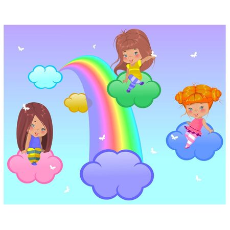 Three little girls flying in the cloudsのイラスト素材