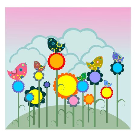 Birds on flowersのイラスト素材