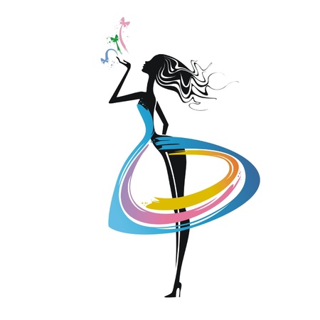 Silhouette of a girl in a dress of colorsのイラスト素材