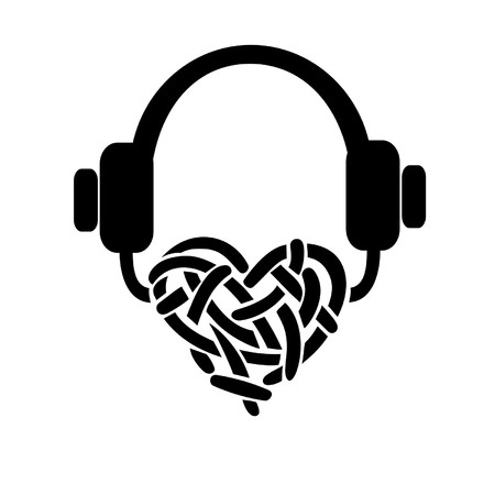 Headphones with a wire in the form of heart  on white backgroundのイラスト素材