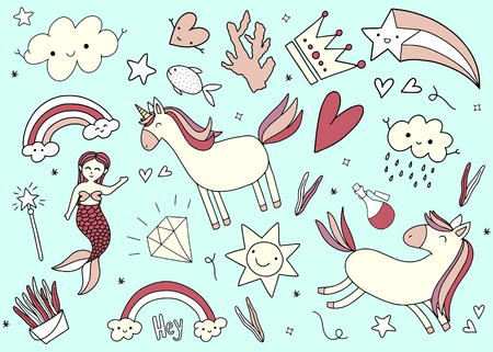 Set of Unicorn Magic Hand drawn Doodles. Vector illustration.のイラスト素材