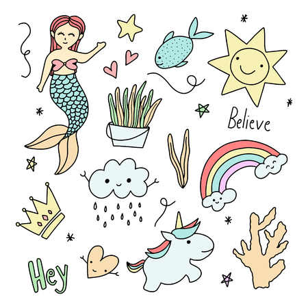Doodle Set of Unicorn and Mermaids. Cute girly doodles.のイラスト素材