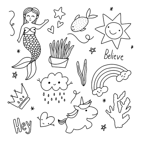 Doodle Set of Unicorn and Mermaids. Cute girly doodles.のイラスト素材
