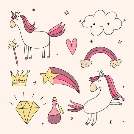 Set of Unicorn Magic Hand drawn Doodles. Vector illustration.のイラスト素材