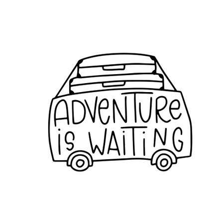 Hand drawn vector illustration or drawing of a van with the inscription Adventure is in the airのイラスト素材