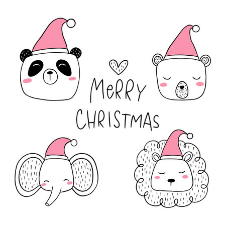 Cute hand drawn panda, bear, squirrel in santa claus hats. Vector illustration.のイラスト素材