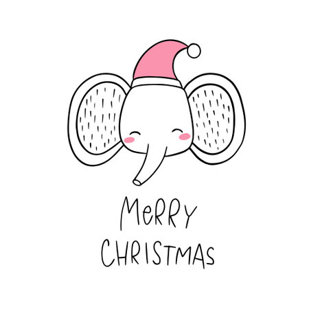 Cute elephant in santa hat. Merry Christmas greeting card. Vector illustration.のイラスト素材