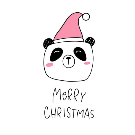 Cute panda in a Santa Claus hat. Merry Christmas. Vector illustration.のイラスト素材