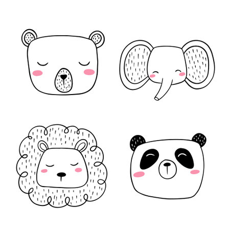 Set of cute hand drawn panda, bear, panda, bear. Vector illustrationのイラスト素材
