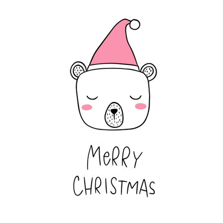Cute polar bear in Santa Claus hat. Merry Christmas. Vector illustration.のイラスト素材