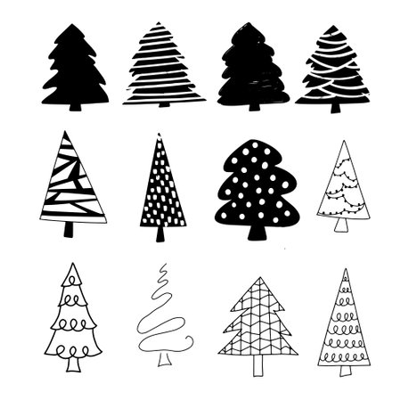 Set of Christmas trees in doodle style. Vector illustration.のイラスト素材