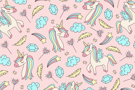 Unicorn seamless pattern. Hand drawn vector illustration in doodle style.のイラスト素材