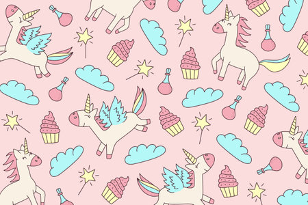 Seamless pattern with unicorns, clouds, stars, ice cream. Vector illustrationのイラスト素材