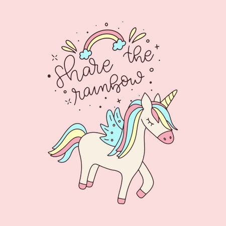 Hand drawn vector illustration of a cute unicorn with a rainbow and the inscription.のイラスト素材