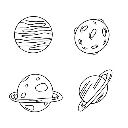 Set of planets in doodle style. Hand drawn vector illustrationのイラスト素材