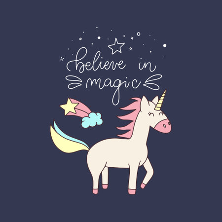 Cute hand drawn unicorn and lettering quote. Vector illustration.のイラスト素材