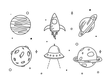 Set of hand drawn doodle space icons. Vector illustration.のイラスト素材