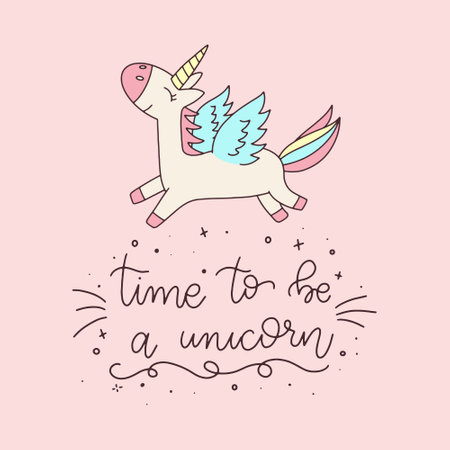 Cute hand drawn unicorn with quote - Time to be awesome.のイラスト素材