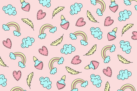 Seamless pattern with cute hand drawn clouds, rainbows and hearts. Vector illustrationのイラスト素材