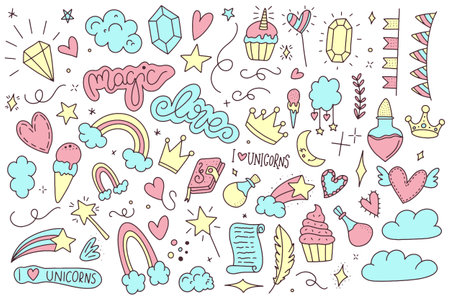 Set of cute doodle elements. Hand drawn vector illustration.のイラスト素材