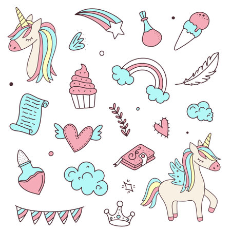 Unicorn doodle set. Cute hand drawn vector illustration.のイラスト素材