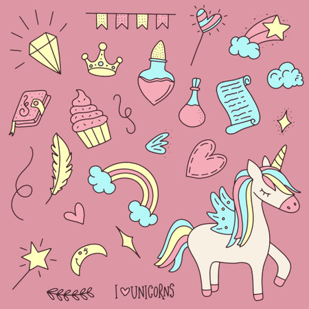 Cute hand drawn unicorn doodles set. Vector illustration.のイラスト素材
